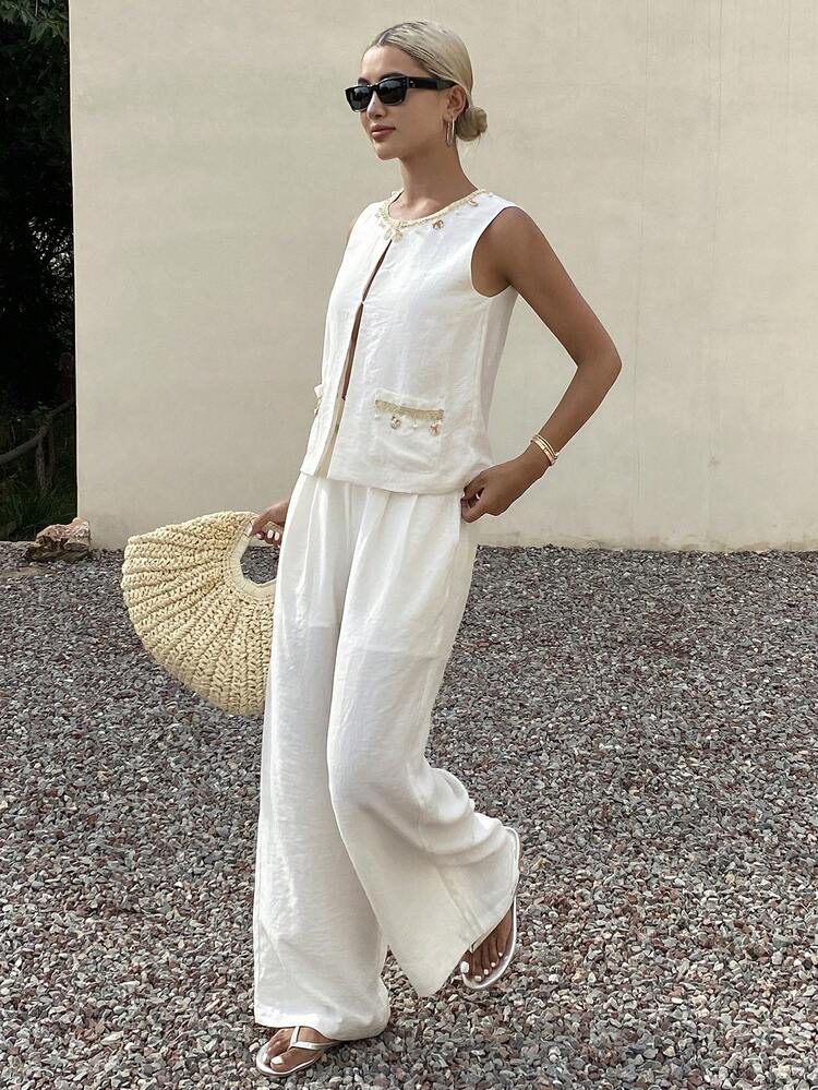 2pcs/Set Women Sequined Beaded Sleeveless Sweater And Wide-Leg Pants Suit Linen