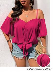 SHEIN LUNE Plus Size Fashion Casual Retro V-Neck Off-Shoulder Tie-Up Blouse - Pink - View 1