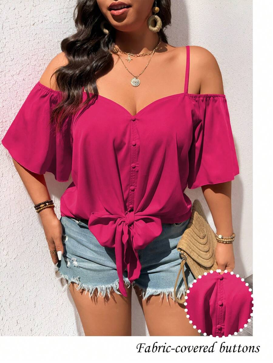 SHEIN LUNE Plus Size Fashion Casual Retro V-Neck Off-Shoulder Tie-Up Blouse - Pink - View 1