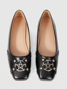 ROMWE Kawaii Zapatos planos de mujer con diseño de estrella con remaches de punta cuadrada, estilo punk dulce, zapatos casuales color rosa, adecuados para fiesta, uso diario, vestido de noche, cómodos y versátiles