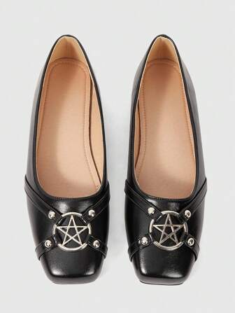 Kawaii Women's Fashion Square Toe Star Rivets Design Flats, Sweet Punk Style Casual Shoes Pink, Suitable For Party, Daily Wear, Evening Dress, Comfortable & Versatile