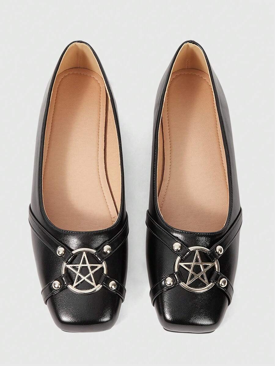 ROMWE Kawaii Zapatos planos de mujer con diseño de estrella con remaches de punta cuadrada, estilo punk dulce, zapatos casuales color rosa, adecuados para fiesta, uso diario, vestido de noche, cómodos y versátiles