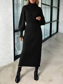 SHEIN Clasi Women Knit Turtleneck Dress With Cable Pattern, Warm For Autumn/Winter - Black - View 4