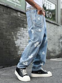 Manfinity EMRG 男士花卉印花口袋宽松休闲牛仔裤 - 淺色水洗藍 - 查看 8