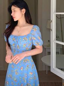 DAZY Women's Square Neck Waist Cinched Short Sleeve Split Midi Dress