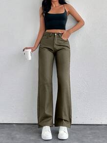 EURMUSE Ladies' Solid Color Straight Leg Denim Pants - Khaki - View 3