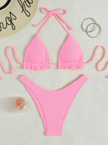 SHEIN Swim 女款夏季海灘素色掛脖綁帶性感比基尼泳衣套裝，無鋼圈 - 淺粉色 - 查看 3