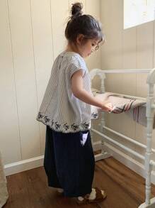 DAZY 2pcs Young Girls Casual Striped Round Neck Shirt & Wide Leg Relaxed Fit Pants Set