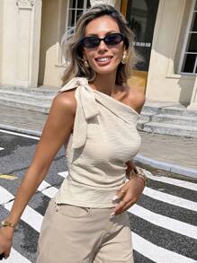 Serisse 女式夏季纯色不对称领口扭纹设计时尚衬衫 - 杏色 - 查看 7