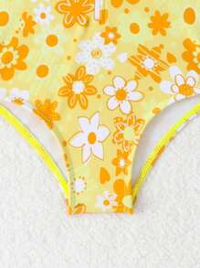 SHEIN 1pc Baby Girl Floral Print Half Zip One-Piece Swimsuit