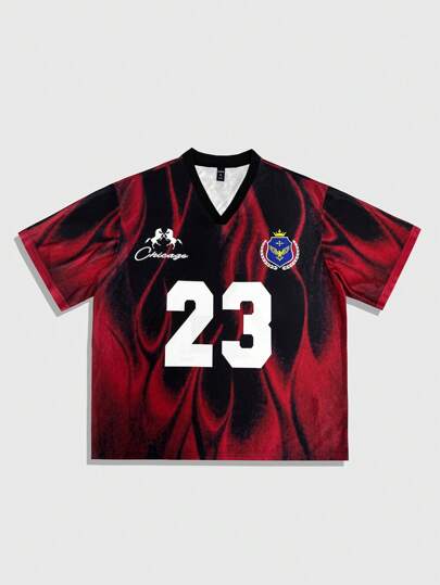 Street Life Men's Casual Numeric Print V-Neck Short Sleeve Jersey Top, Summer