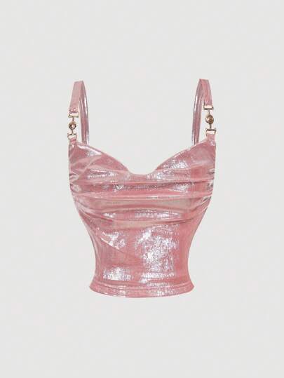 SHEIN MOD Women's Fashion Metal Decor Adjustable Strap Fitted Camisole Top Pink,Valentine Outfits