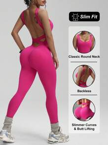 SHEIN Sport Studio Damen Jumpsuit aus unifarbenem Aktivmaterial mit Kreuzrückendetail und formender Passform