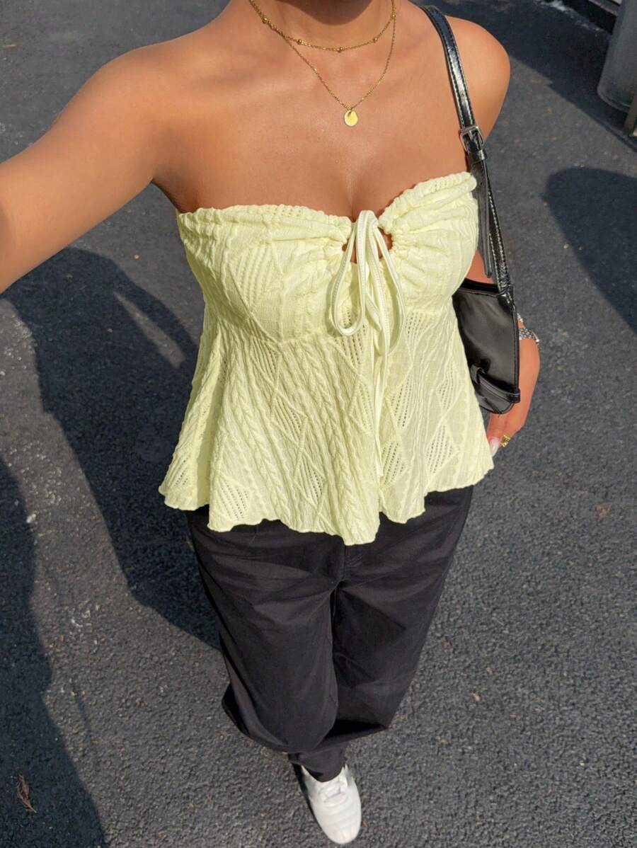 Siren Gaze Women's Solid Color Cold Shoulder Tie-Front Ruffled Textured Top Summer