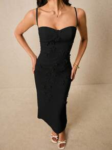 Poéselle Women's Elegant Solid Color 3D Floral Decor Strap Dress - Black - View 6