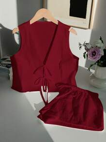 Comfortcana 2件套女士勃艮第红系带短款背心和短裤休闲套装 - 酒紅色 - 查看 3