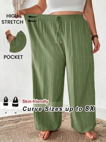 SHEIN CURVE+ 大码女士夏季商务休闲沙滩装，时尚通勤优雅阔腿裤，带口袋，度假/乡村/海滩 - 綠色 - 查看 4