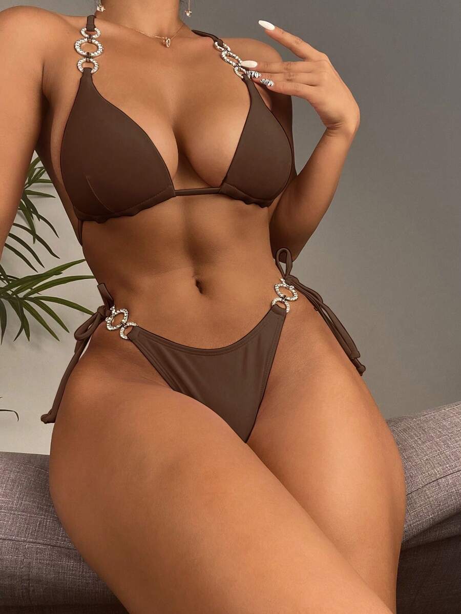 Swim Basics Women's Chain Strap Push-Up Padless Bikini For Summer Beach Vacation - Brown - View 1