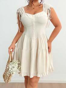 Flirla Vestido talla grande con diseño de patchwork, cuello fruncido con detalle falso delantero, silueta evasé y textura acuchillada en unicolor - Albaricoque - Ver 4