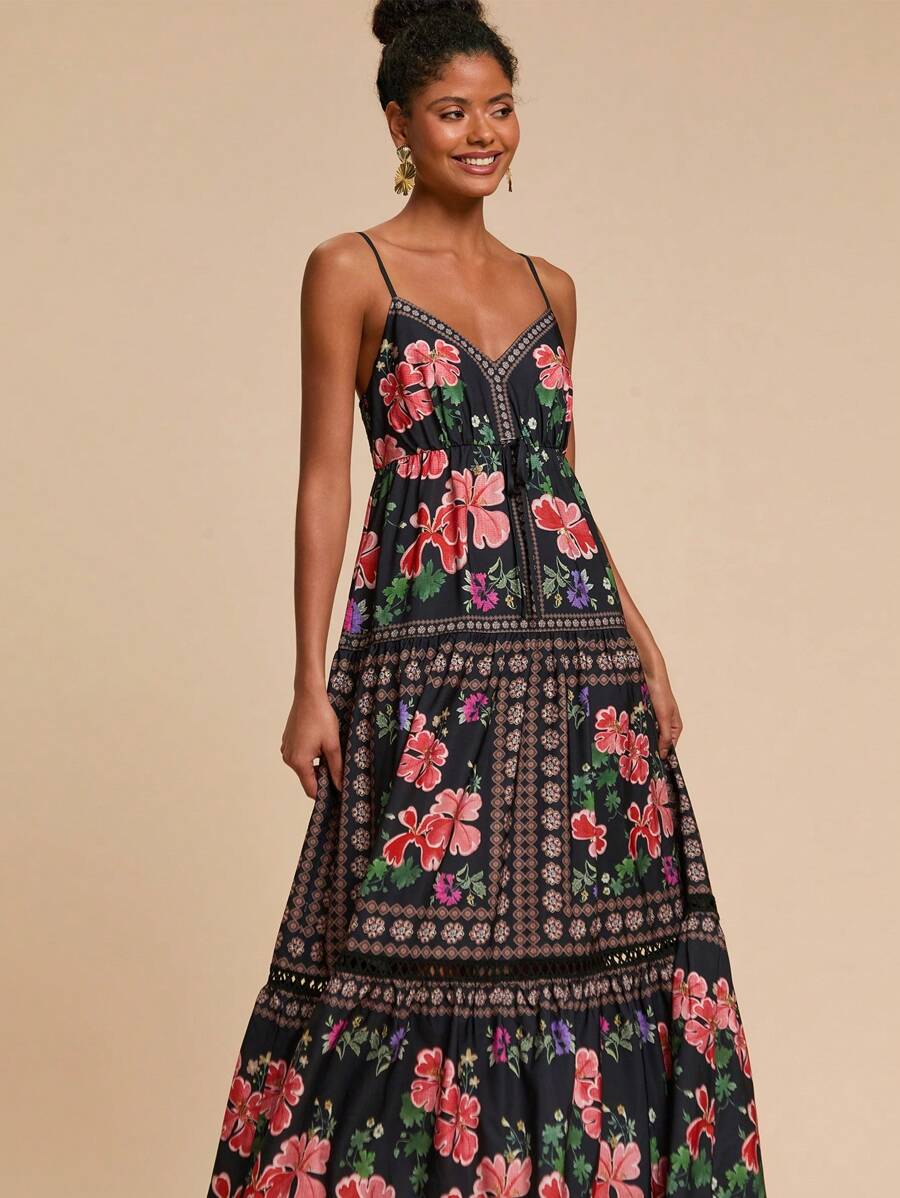 Travachic 梭织印花女式超长吊带裙、女士夏季服装、沙滩装、春夏装、复活节、节日服装、女士沙滩装、春假装、女士度假装、女士演唱会装、波西米亚风、波西米亚风、音乐节、热带度假女装、浪漫 - 黑色 - 查看 1