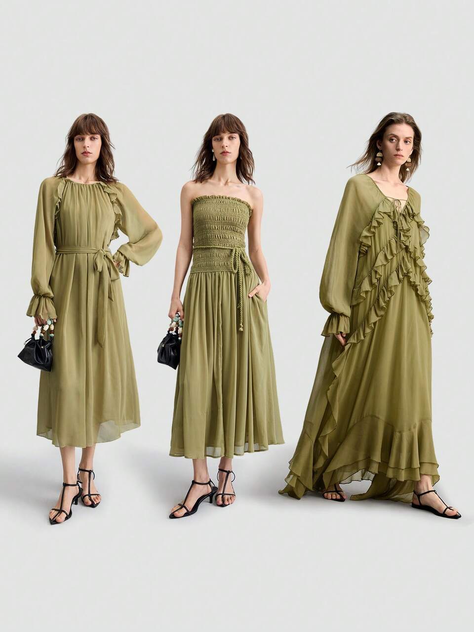 Women's Bohemian Style Dress, Chiffon Fabric With Ruffle Hem Decoration, Flowy And Comfortable, Elegant Green Long Suitable For Beach, Vacation, Boho