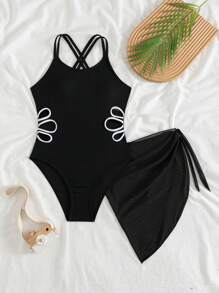 Traje de baño de una pieza con falda de capa para niñas preadolescentes, de moda para vacaciones en la playa y natación