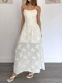SHEIN Essnce All White Solid Jacquard Flower Applique Shirred Back Slip Long Dress - White - View 2