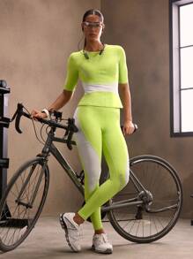 Powerista 女士反光字母印花网眼拼接透气短袖塑身衣健身 T 恤修身衬衫 - 綠色 - 查看 6