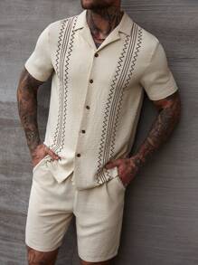 Manfinity CasualCool Conjunto de camisa de manga corta con estampado de verano + pantalones cortos con cordón para hombre