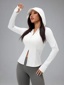 SHEIN PETITE Áo khoác trùm đầu nhẹ cổ khóa kéo màu trơn dành cho nữ, đồ thể thao - trắng - Xem 5