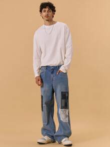 Musero Straight Leg Patchwork Jeans Washed Denim Spring Summer Urban Streetstyle - Light Wash - View 1