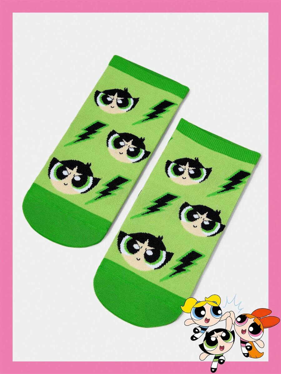 THE POWERPUFF GIRLS X SHEIN 1 Pair Women Buttercup Pattern Colorblock Ankle Socks - Green - View 1