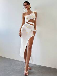 Firerie 女式纯色钩针不对称肩部镂空开叉针织毛衣裙 - 粉色 - 查看 4