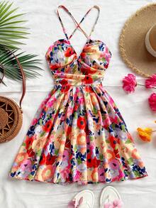 Soleia Váy dài hở lưng chữ V in hoa màu cam đỏ cho kỳ nghỉ của phụ nữ, thích hợp cho bãi biển, đám cưới, lễ hội âm nhạc, mùa hè - Nhiều màu - Xem 4