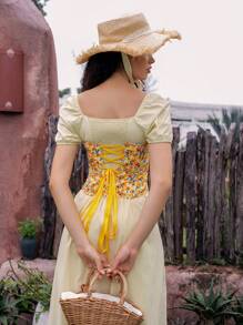 SHEIN 1 件女士花卉印花波西米亚风格短款上衣 - 黃色 - 查看 2