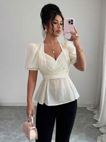 Elenzga 女士纯色休闲交叉甜心领腰带 A 字短袖衬衫，优雅法式浪漫风格，适合日常穿着、工作、度假、派对、春夏季 - 杏色 - 查看 3