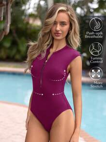 Swim SPRTY Women One-Piece Solid Color Zipper V-Neck Casual Swimsuit For Vacation For Summer