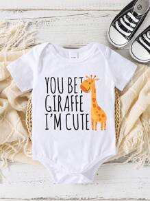SHEIN Playful Pals 男婴休闲可爱简约卡通长颈鹿标语印花短袖连体衣，夏季新款印花连体衣 - 白色 - 查看 3