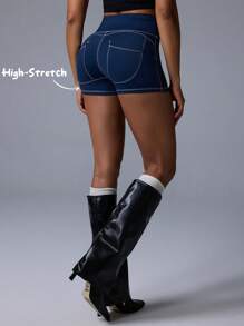 Menodora SHEIN Sport Quần Short Skinny Lưng Cao Thường Ngày Cho Nữ - Màu xanh hải quân - Xem 2