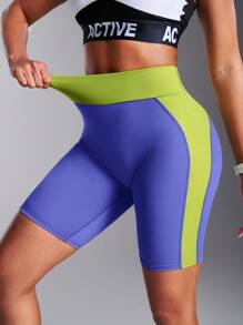 Powerista 女士蓝色拼布修身休闲运动短裤，适合日常健身和健身房，日常穿着运动短裤