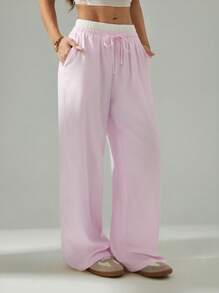 SHEIN PETITE Women's Casual Solid Color Pink Striped Contrast Waist Long Pants,Vacation Outfits Woman Fashionable For Daily Wear
