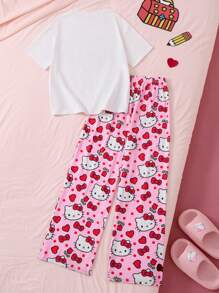 HELLO KITTY AND FRIENDS | SHEIN 少女卡通白色休闲百搭短袖上衣和粉色可爱甜美裤子两件套睡衣套装 - 粉色 - 查看 8