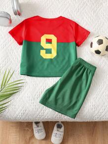 SHEIN Set de 2 piezas para bebé niño con jersey y pantalones cortos de fútbol/fútbol con bloqueo de color, de secado rápido y transpirable, adecuado para uso en interiores, exteriores, uso diario, deportes, juegos, fiestas, fotografía, vacaciones, festivales, equipo de Portugal, primavera/verano