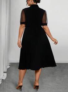 Elenzga 夏季大码优雅纯色网眼拼布连衣裙 - 黑色 - 查看 2