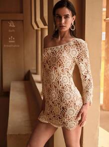 MOTF PREMIUM CROCHET SHEER COVER UP DRESS FOR SUMMER BEACH VACATION - Beige - View 1