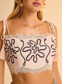 CAJUNI Bohemian Holiday Leisure Floral Print Lace Trim Tassel Tie-Up Cropped Camisole For Women - Apricot - View 1