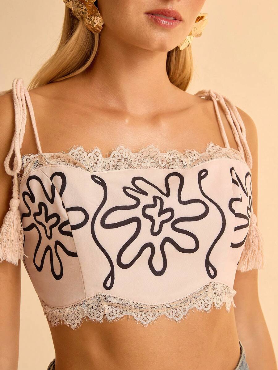 CAJUNI Bohemian Holiday Leisure Floral Print Lace Trim Tassel Tie-Up Cropped Camisole For Women - Apricot - View 1