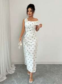 SHEIN PETITE Polka Dot Pleated Floral Decor Elegant Mid-Length Dress For Women - White - View 1