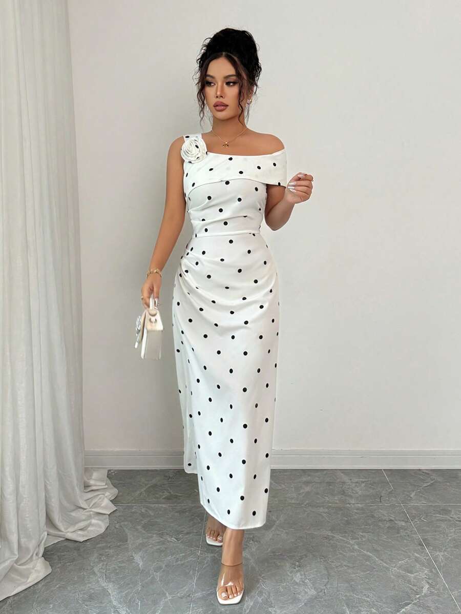 SHEIN PETITE Polka Dot Pleated Floral Decor Elegant Mid-Length Dress For Women - White - View 1