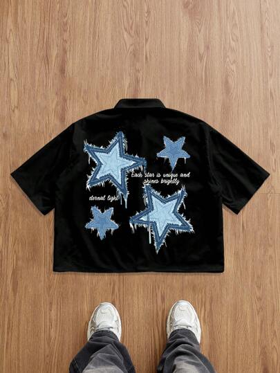 Manfinity Joysei 宽松复古风牛仔拼布星星印花黑色宽松短款衬衫男士短款衬衫